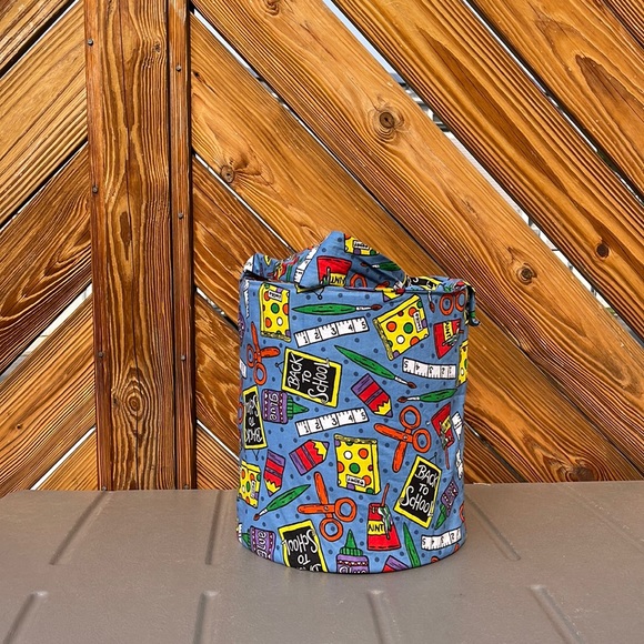 HANDMADE BACK TO SCHOOL FABRIC PRINT COLLAPSIBLE BASKET OR BAG - Picture 2 of 7